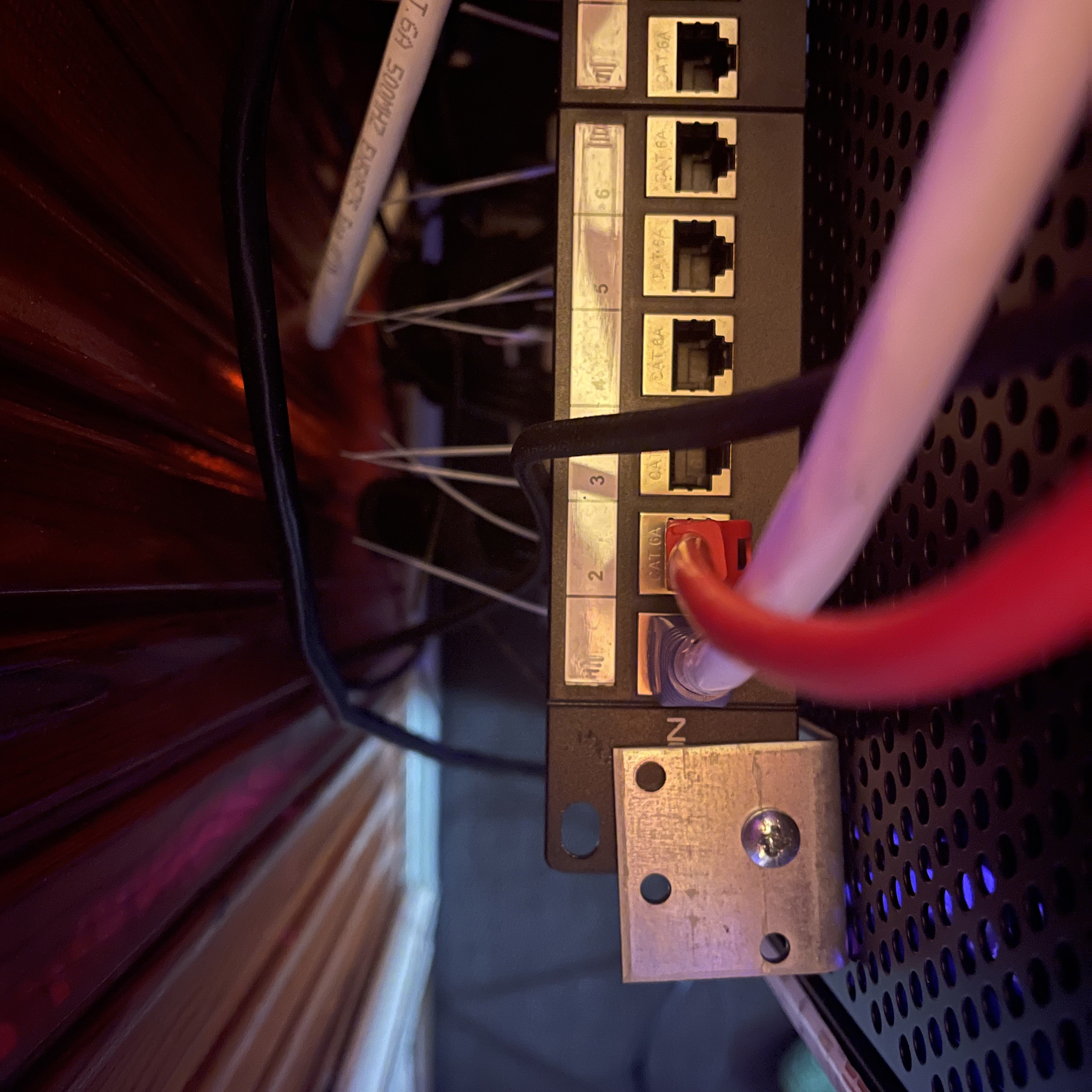 24 port patch panel in the back of the cabinet